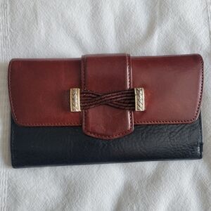 Vintage Brighton Brown And Black Leather Wallet Large Woven Embellishment